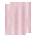 Front view of two red and white striped glass towels with one overlapping the other on a white background.