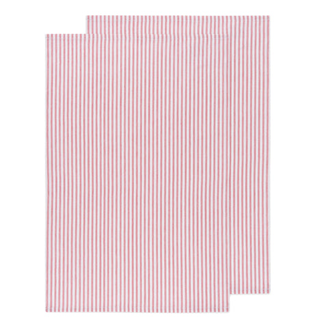 Front view of two red and white striped glass towels with one overlapping the other on a white background.