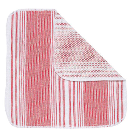 This red and white striped dishcloth folded over to see the back.