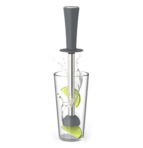 True shaker it is longe metal bar with a handle on one side and a rounded bottom so that you can squeeze your fruit in your glass.
