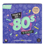 "That's So 80's" boxed quiz game in purple box with 80's written in mint green over a pink triangle with mint green specks decorating it.