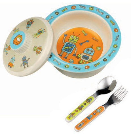 Robot themed bowl with matching lid and spoon and fork. 