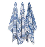 These three blue and white dish towels have either a striped or checkered pattern