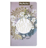 This purple notebook has a blue, gold, and white floral pattern with the message "Fate Loves the Fearless"