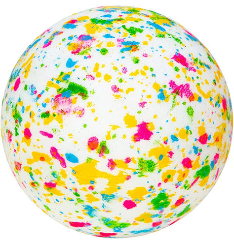 A white ball with bright yellow, green, and pink splatters on it.