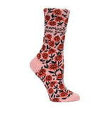 "Namaste You Guys" crew socks has a red floral design and words that read "Namaste You Guys in black.