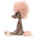 The swellegant "Penelope Poodle" mocha plush dog faces left with its bright pink mane, boot cuffs tail end, and eye lashes. The plush toy wears a shiny pink collar.