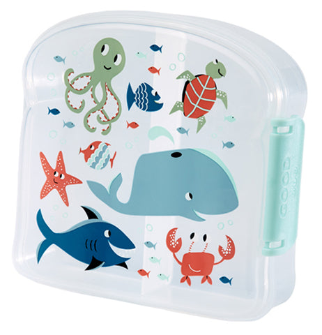 This clear plastic sandwich box shows a design of a shark, octopus, turtle, whale, crab, and different fish on its lid.