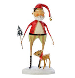 This Santa Clause is shown with a Baby Comet reindeer. He holds a small Christmas tree pick in one hand.