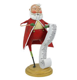This Santa Claus figurine holds a Christmas list in one hand, and a monocle up to his eye with the other hand.