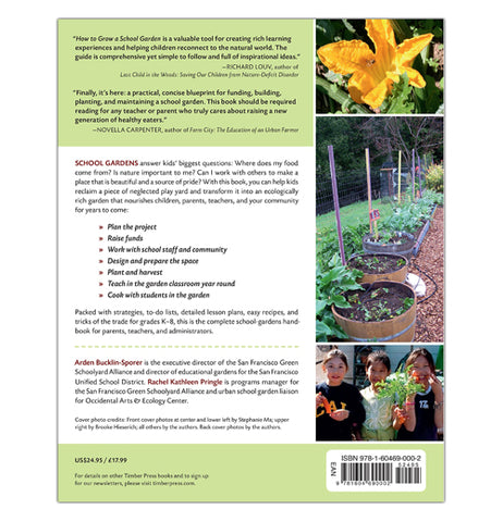 The "How to Grow a School Garden" Book has a description of the book contents on the left of the a column of pictures of plants and flowers. 