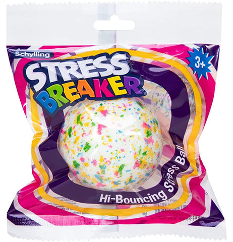 A white ball with bright yellow, green, and pink splatters on it is in a clear, white, purple, pink, and orange package. The package reads "Stress breaker--hi-bouncing stress ball."