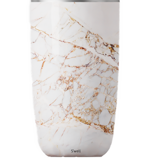 A wine tumbler with a white marbled design.