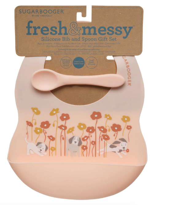 Fresh &amp; Messy Bib &amp; Spoon, Puppies &amp; Poppies