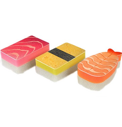 Three red, yellow, and orange sponges in the shape of wasabi.