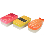 Three red, yellow, and orange sponges in the shape of wasabi.