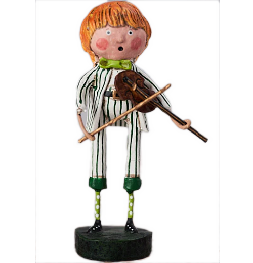 A figurine of a rosy cheeked, red haired boy is playing a violin. He is wearing a white, green stripped pant suit, green socks with white polka dots, black belt with gold buckle, and black shoes.