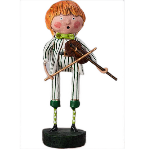 A figurine of a rosy cheeked, red haired boy is playing a violin. He is wearing a white, green stripped pant suit, green socks with white polka dots, black belt with gold buckle, and black shoes.