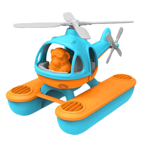 Yellow and teal helicopter with orange pilot.