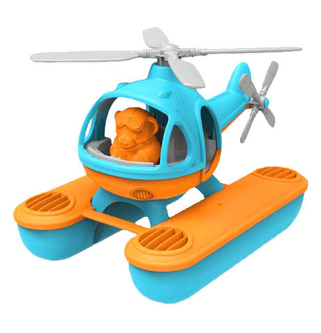 Yellow and teal helicopter with orange pilot.
