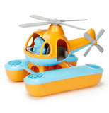 Yellow and teal helicopter with Blue colored pilot.