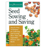 The "Seed Sowing and Saving" Book has front cover of a picture of seeds on the top and flowers on the bottom. 
