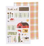 2 set tea towel farm life on one towel and multi-colored checked on other towel