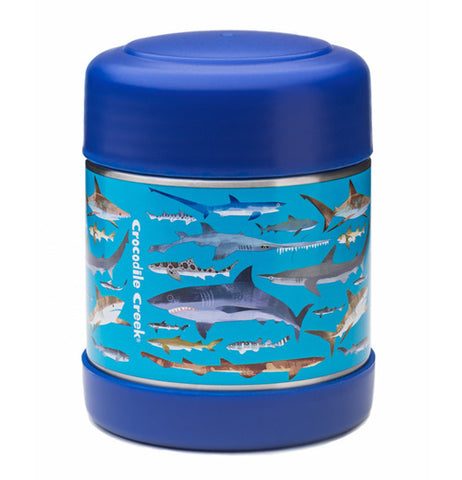 Light and dark blue stainless steel food jar with shark design with dark blue lid on.