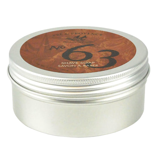 This metal tin has a lid with the brand, "No. 63" in black lettering against a brown background.