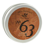The lid to the metal tin is shown in orange with the logo, "Pre De Province" in black lettering. The brand, "No. 63" is shown in black lettering below the logo.