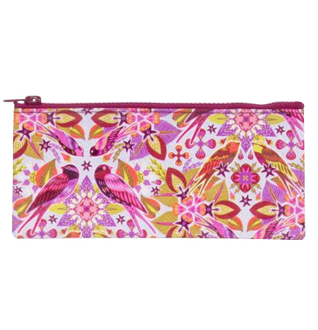 The "Six & A Half Birds" Pencil Case features a pink, red, yellow, and orange birds on a floral design. 