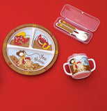 The "Yee Haw" silverware set is shown next to a plate and cup with the same designs.