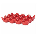 This is a red 12 compartment egg tray. 