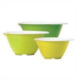 This set of 3 nesting bowls are different shades of green. There are 3 different sizes.