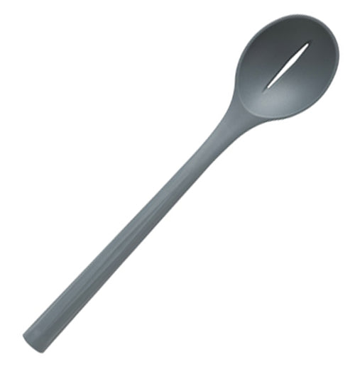 Front view of gray slotted spoon on white background.