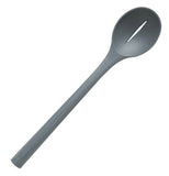 Front view of gray slotted spoon on white background.