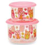 Good lunch snack container with pink orange and yellow owls on them.