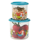A two size set of semi-clear mermaid themed snack containers filled with cereal and strawberries 