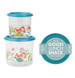 A two size set of semi-clear mermaid themed snack containers