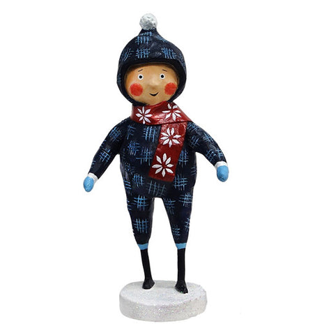 This kid figurine with a red and white scarf is shown dressed in a navy dark snow outfit with light blue spots.