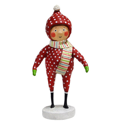 This kid figurine is shown dressed in a red snow outfit with white spots.