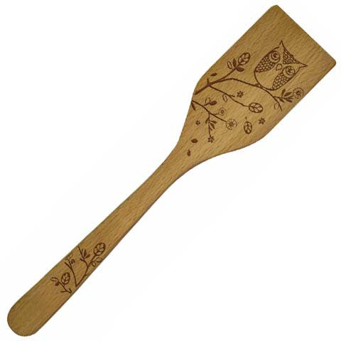 Little Red Hen-Talisman-Solid Beechwood Spatula features an etched owl design. 