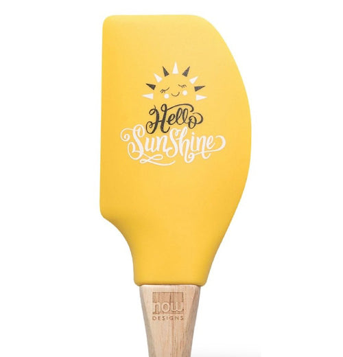 Yellow silicone and tan rubberwood handle spatula with smiling sun that says "Hello Sunshine"