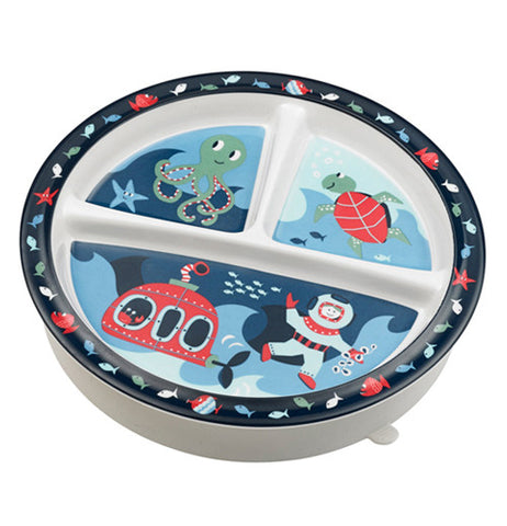 Baby plate with ocean theme on it.