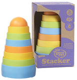 These colorful round stackers are shown in orange, blue, yellow, and green. One set is shown in its cardboard packaging with the word, "Stacker" at the bottom in white lettering. Another set is shown outside the box.