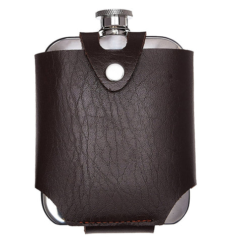 This dark brown leathered flask and traveling case can help save your silver bottle of liquor from getting warm