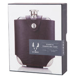 The flask and traveling case is packaged in a box. 
