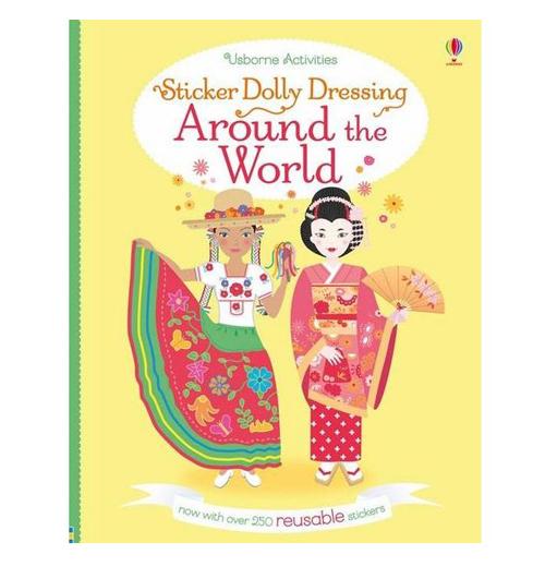 The Dolly Dressing "Around The World" Sticker Book shows two female foreigners dressed in differential clothing on the yellow background.