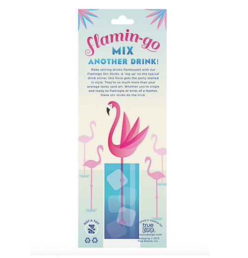 Back view of a set of five flamingo stir sticks.