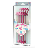 Front view of a set of five pink flamingo stir sticks. 